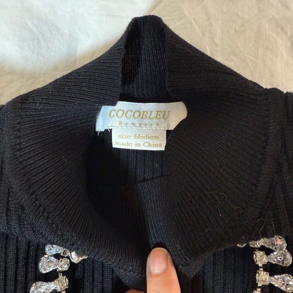 Black Ribbed Long Sweater with Rhinestone Embellishment - Picture 5 of 10